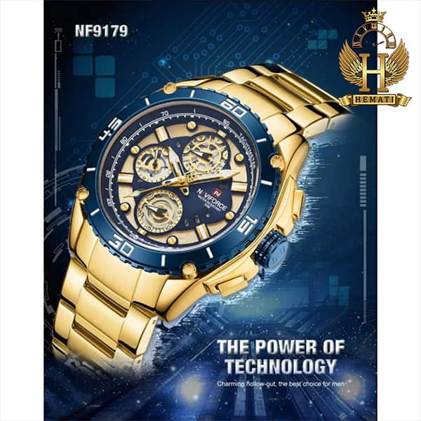 خرید ارزان ساعت مردانه نیوی فورس مدل naviforce nf9179m طلایی آبی 3موتوره فعال