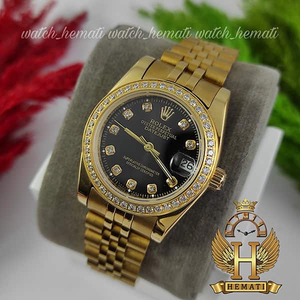 خرید امن ساعت زنانه رولکس دیت جاست Rolex Datejust RODJL501 قاب و بند طلایی با صفحه مشکی و یک رج دور قاب نگین