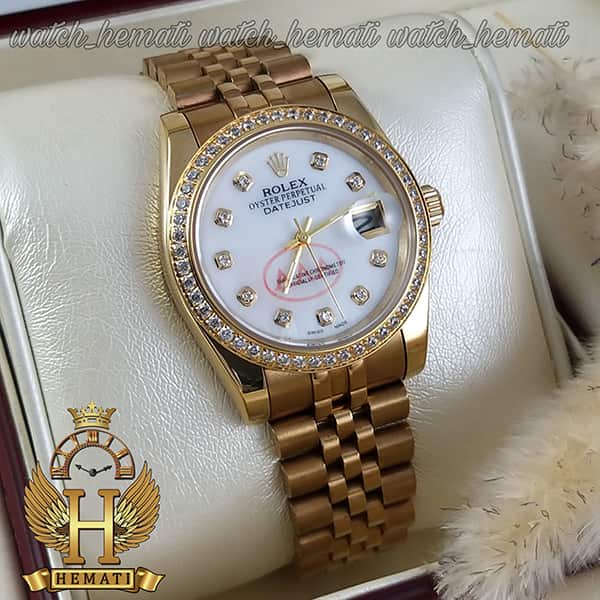خرید ارزان ساعت مردانه رولکس دیت جاست Rolex Datejust RODJM501 طلایی ، دور قاب و ایندکس نگین صفحه سفید صدف