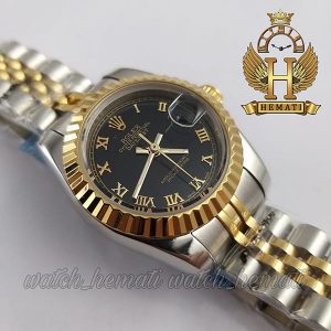ساعت زنانه رولکس دیت جاست Rolex Datejust RODJL32304 نقره ای طلایی با صفحه مشکی و ایندکس یونانی