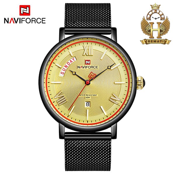 خرید آسان ساعت مچی مردانه نیوی فورس Naviforce NF3006M قاب و بند مشکی با صفحه زرد