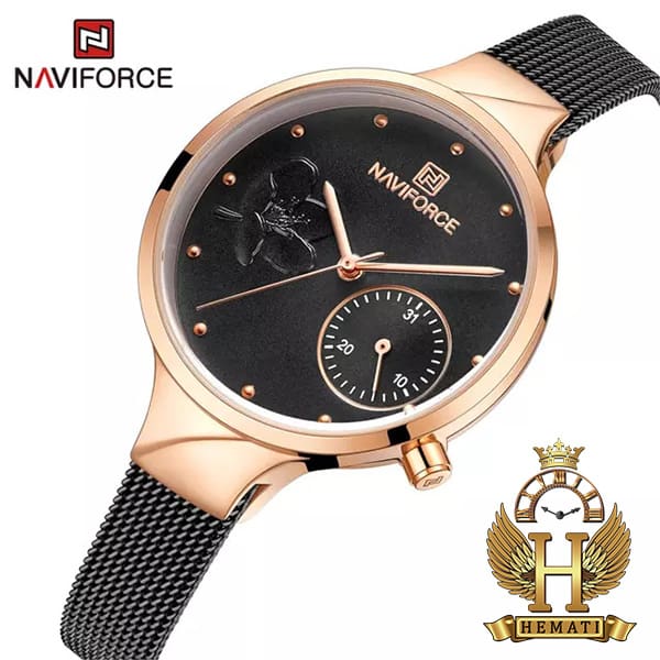 خرید انلاین ساعت زنانه نیوی فورس مدل naviforce nf5001l قاب رزگلد صفحه و بند مشکی