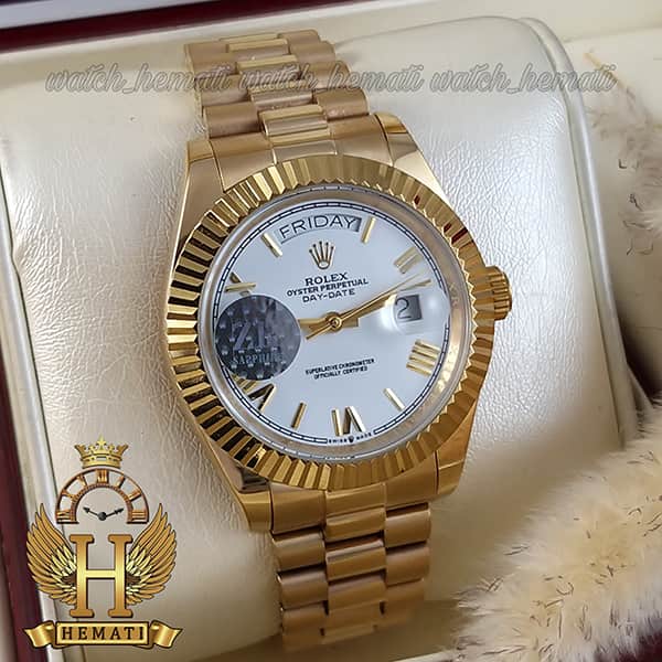 خرید ارزان ساعت مردانه رولکس دی دیت اتوماتیک Rolex Daydate RODDAM202 طلایی ف صفحه سفید ، ایندکس یونانی