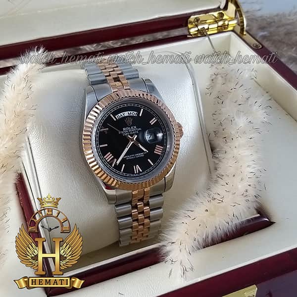 مشخصات ساعت مردانه رولکس دی دیت Rolex Daydate RODDM301 نقره ای رزگلد صفحه مشکی