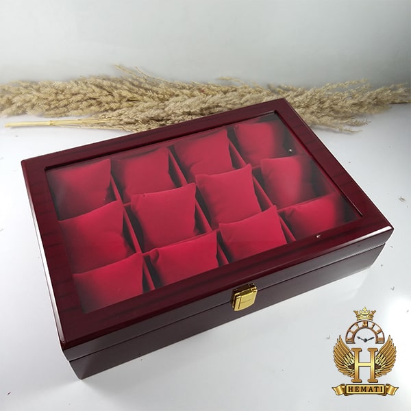 جعبه ساعت و دستبند کلکسیونی چوبی 12تایی رنگ قرمز box12202 دری شیشه ای و بالشت سنتی