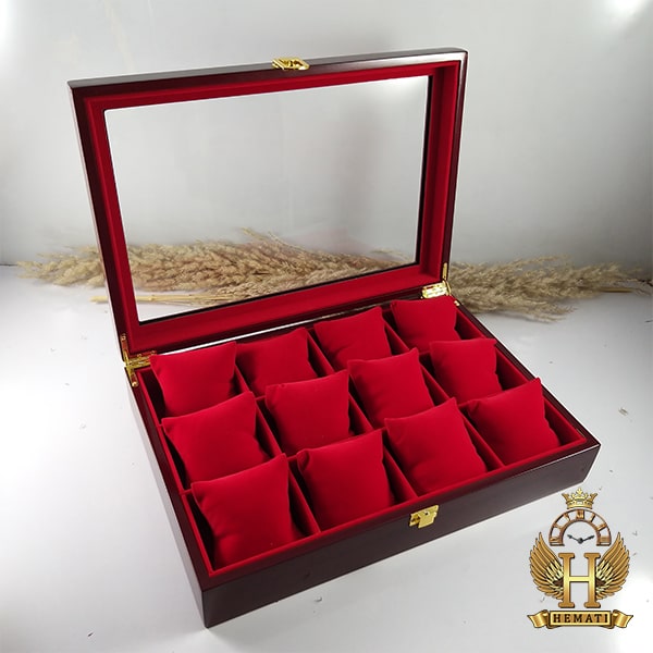 خرید ، قیمت ، مشخصات جعبه ساعت کلکسیونی چوبی 12تایی رنگ قرمز box12111 دری شیشه ای و بالشت سنتی
