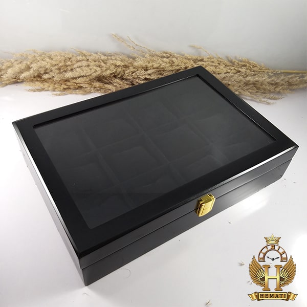 خرید آنلاین جعبه ساعت کلکسیونی چوبی 12تایی رنگ مشکی box12113 درب شیشه ای با بالشت سنتی