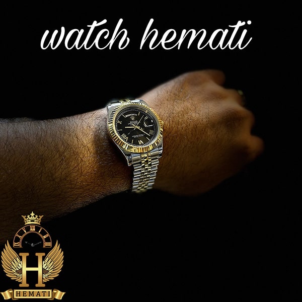 خرید ، قیمت ، مشخصات ساعت مردانه رولکس دی دیت Rolex Daydate RODDM307 نقره ای طلایی با صفحه مشکی و ایندکس یونانی