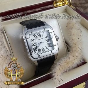 خرید ارزان ساعت مچی کارتیر سانتوس مردانه CARTIER SANTOS 100 CS103 قاب نقره ای با بند چرم مشکی