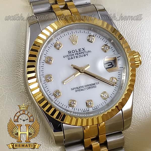خرید با کیفیت ساعت مردانه رولکس دیت جاست Rolex Datejust RODJM108 قاب و بند نقره ای طلایی با صفحه سفید صدف