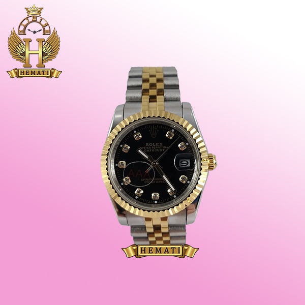 ساعت مردانه رولکس دیت جاست Rolex Datejust RODJM110 قاب و بند نقره ای طلایی با صفحه مشکی