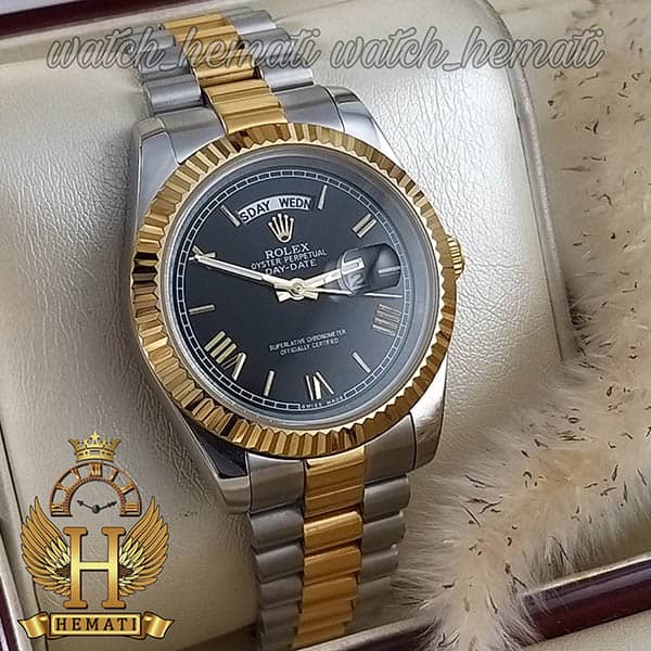 مشخصات ساعت مردانه رولکس دی دیت Rolex Daydate RODDM319 نقره ای طلایی با صفحه مشکی و ایندکی یونانی