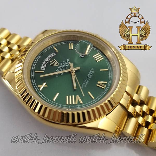 خرید اسان ساعت مردانه رولکس دی دیت Rolex Daydate RODDM312 قاب و بند طلایی با صفحه سبز و ایندکس یونانی