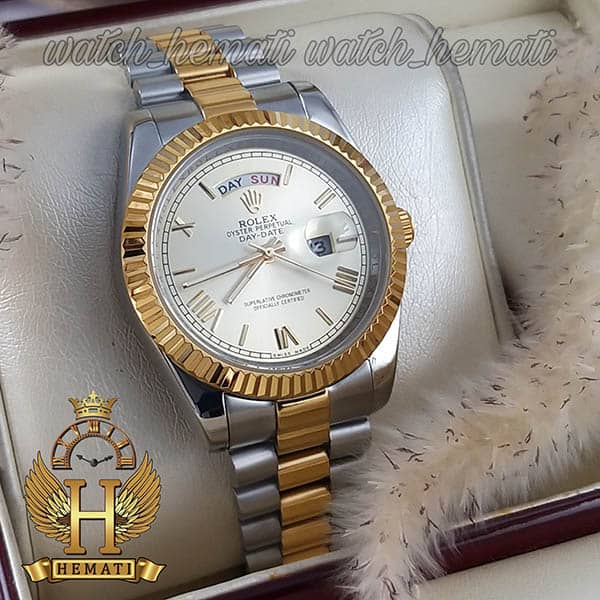 خرید ارزان ساعت مردانه رولکس دی دیت Rolex Daydate RODDM318 نقره ای طلایی با صفحه طلایی و ایندکس یونانی