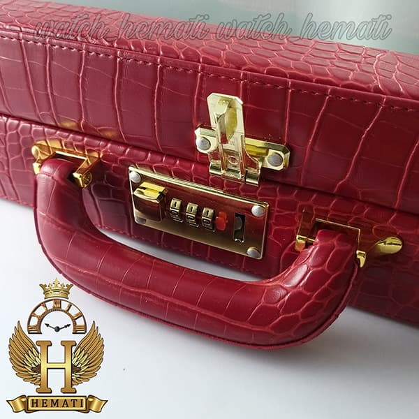 مشخصات جعبه ساعت چوبی روکش چرم قرمز 12 تایی کلکسیونی BOX1204 چرم قرمز با داخل جیر مشکی و قفل رمز دار
