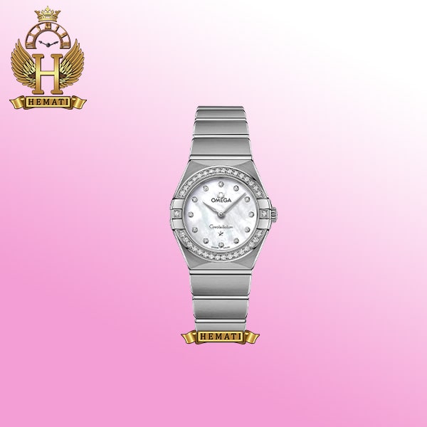 ساعت مچی زنانه امگا کانستلیشن OMEGA CONSTELLATION OMCL10 قاب و بند و صفحه نقره ای با دور قاب و اینددکس نگین سوارسکی