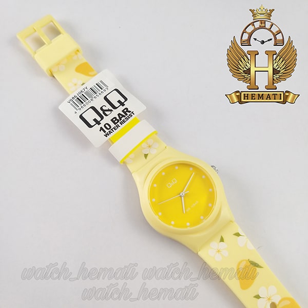 خرید ، قیمت ، مشخصات ساعت مچی عقربه ای کیو اند کیو VQ86J067Y رنگ زرد با طرح لیمو