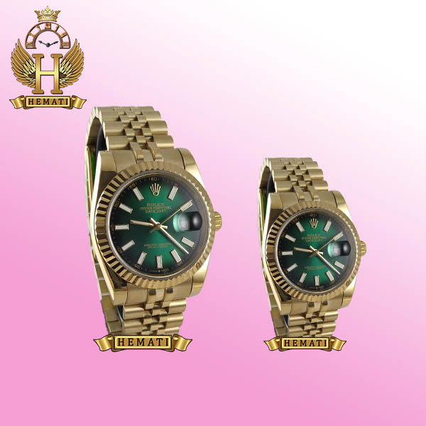 ساعت ست مردانه و زنانه رولکس دیت جاست Rolex Datejust rodjst203 طلایی با صفحه سبز و ایندکس خط