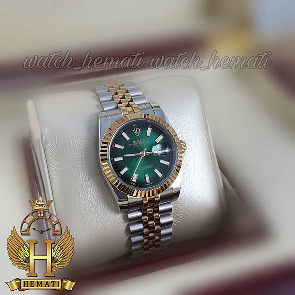 خرید ، قیمت ، مشخصات ساعت مردانه رولکس دیت جاست Rolex Datejust RODJM207 نقره ای طلایی با صفحه سبز جذاب