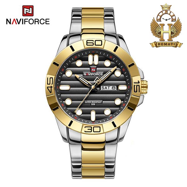 خرید ارازن ساعت مچی مردانه نیوی فورس Naviforce NF9198 اورجینال رنگ نقره ای طلایی
