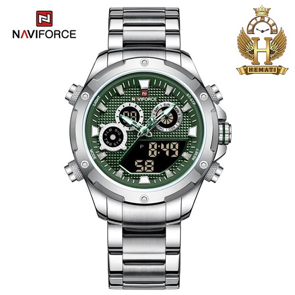 خرید ساعت مچی مردانه نیوی فورس دو زمانه NAVIFORCE NF9217 اورجینال ، به رنگ نقره ای با صفحه سبز