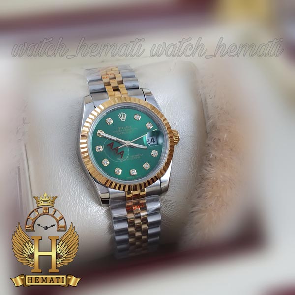 قیمت ساعت مردانه رولکس دیت جاست Rolex Datejust RODJM112 نقره ای طلایی با صفحه سبز جذاب